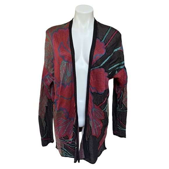 Peruvian Connection 100% Pima Cotton Floral Intarsia Knit Open Cardigan Large - Picture 1 of 8